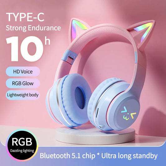 Gradient wireless Headphones RGB cute cat ear